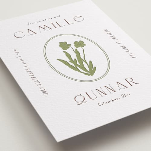This is a burnt sienna letterpress wedding invitations with letterpress by Alaina Cherup called la graine printing on white cotton in standard