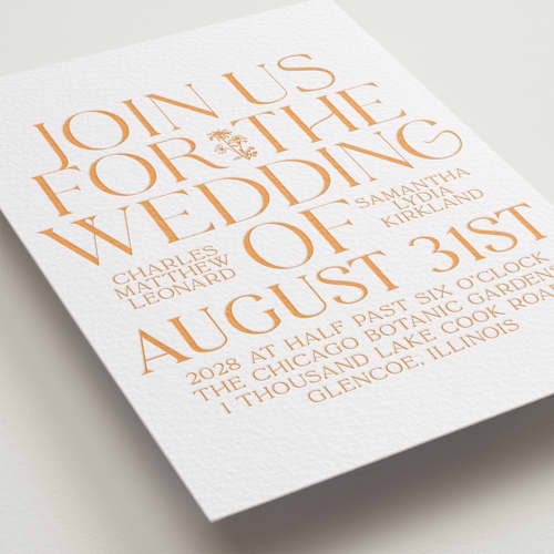 This is a clementine letterpress wedding invitations with letterpress by Baumbirdy called floral emblem printing on white cotton in standard