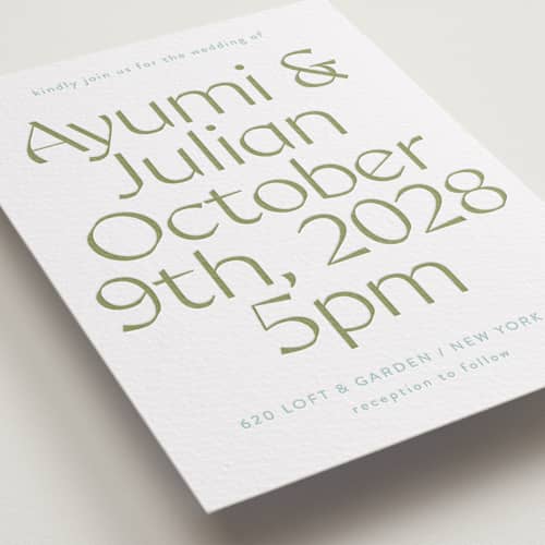 This is a olive | robin's egg letterpress wedding invitations with letterpress by Melanie Kosuge called ayumi printing on white cotton in standard
