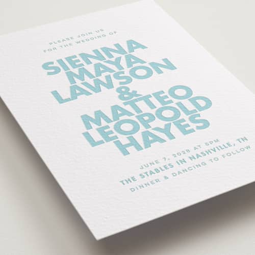 This is a robin's egg letterpress wedding invitations with letterpress by Ellen Schlegelmilch called sienna printing on white cotton in standard