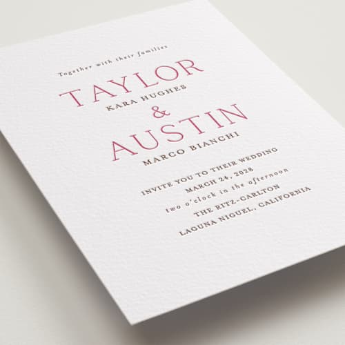 This is a azalea | burnt sienna letterpress wedding invitations with letterpress by Vanessa Doyle called in love printing on white cotton in standard