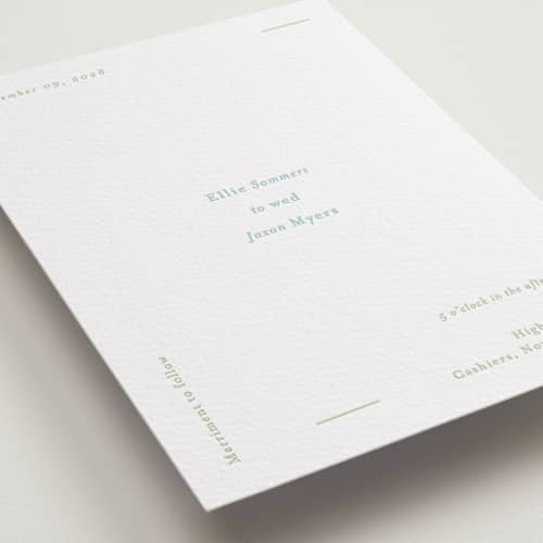 This is a robin's egg | matcha letterpress wedding invitations with letterpress by Blustery August called tuscany printing on white cotton in standard