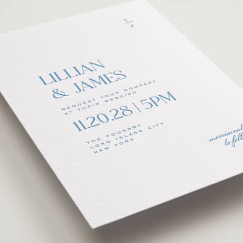 This is a marine blue letterpress wedding invitations with letterpress by Heather Cairl called clarity printing on white cotton in standard