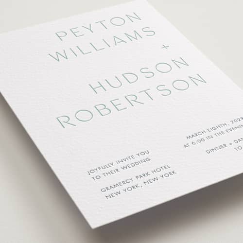 This is a robin's egg | blueberry letterpress wedding invitations with letterpress by Blustery August called juniper printing on white cotton in standard