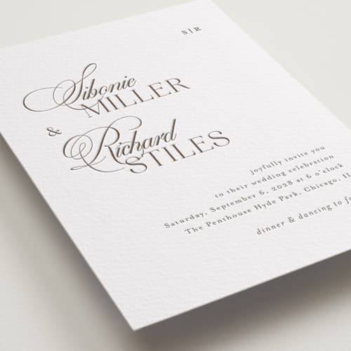 This is a cacao bean letterpress wedding invitations with letterpress by Melanie Kosuge called sibonie printing on white cotton in standard