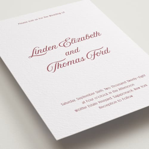 This is a maraschino letterpress wedding invitations with letterpress by Nicoletta Savod called ritzy printing on white cotton in standard