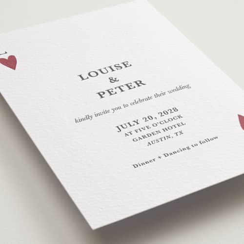 This is a maraschino letterpress wedding invitations with letterpress by Helena Vitto called red hearts printing on white cotton in standard
