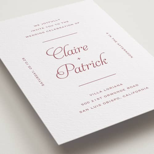 This is a maraschino letterpress wedding invitations with letterpress by Carolyn MacLaren called modernne printing on white cotton in standard