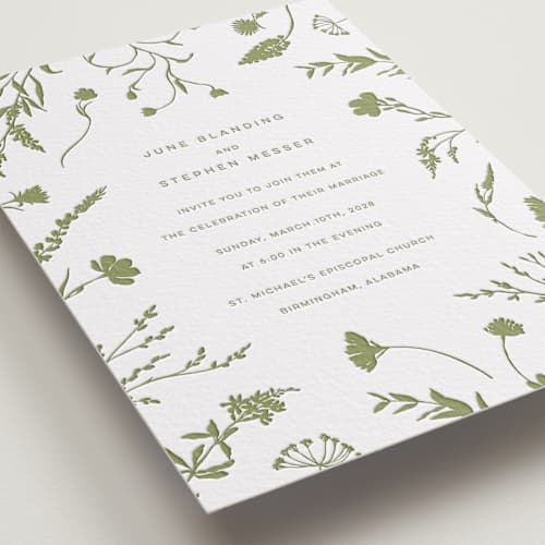 This is a olive letterpress wedding invitations with letterpress by Erin Hodges called untied printing on white cotton in standard