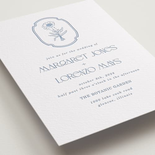 This is a pacific blue letterpress wedding invitations with letterpress by Baumbirdy called flora arch printing on white cotton in standard