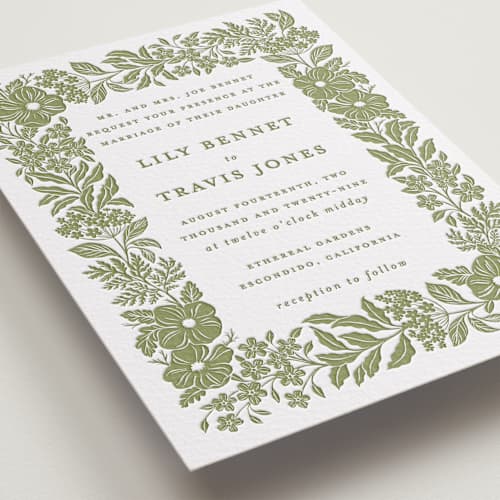 This is a artichoke letterpress wedding invitations with letterpress by Sarah Knight called ethereal gardens printing on white cotton in standard