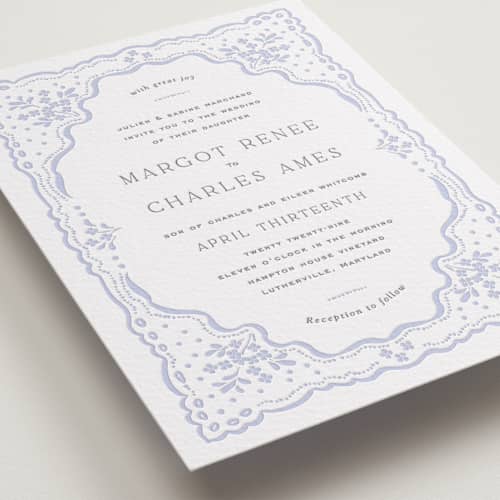 This is a vista letterpress wedding invitations with letterpress by Erin L. Wilson called margot printing on white cotton in standard