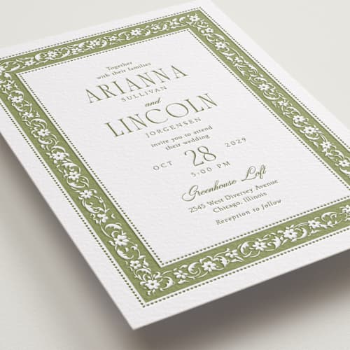 This is a olive letterpress wedding invitations with letterpress by Robert and Stella called darcy printing on white cotton in standard