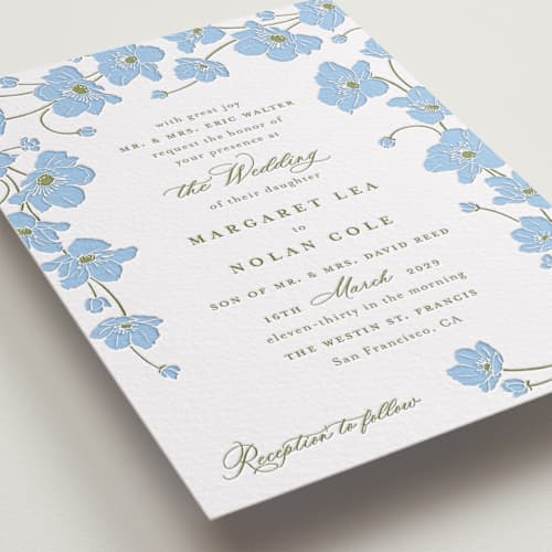 This is a vista letterpress wedding invitations with letterpress by letterfix called anemones printing on white cotton in standard