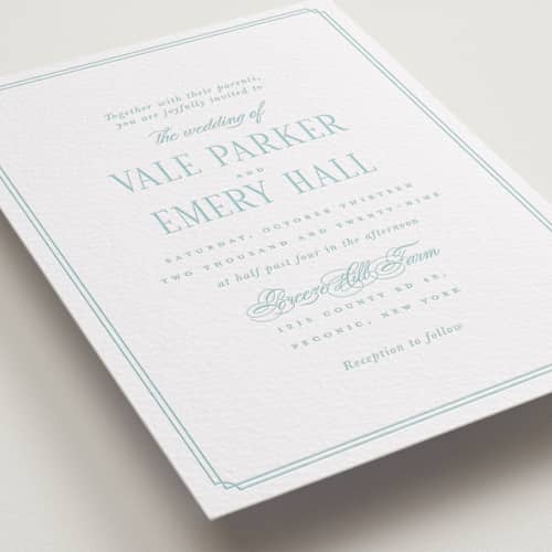 This is a robin's egg letterpress wedding invitations with letterpress by Hudson meet Rose called hamptons printing on white cotton in standard