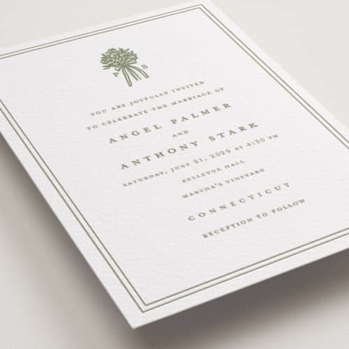 This is a artichoke letterpress wedding invitations with letterpress by Lori Wemple called wedding bouquet printing on white cotton in standard
