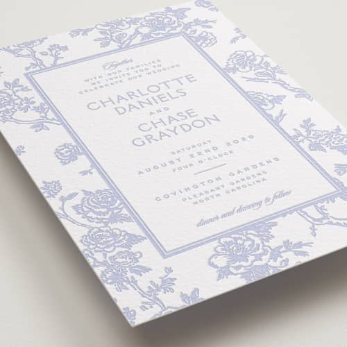 This is a vista letterpress wedding invitations with letterpress by Jenna Holcomb called classic toile printing on white cotton in standard
