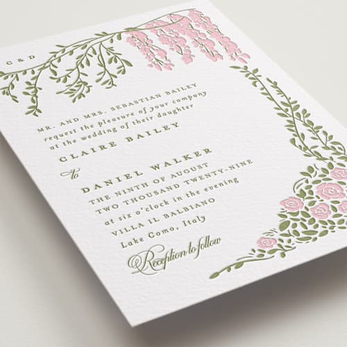 This is a lotus letterpress wedding invitations with letterpress by Creo Study called vintage blooms printing on white cotton in standard