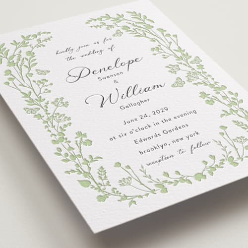 This is a matcha letterpress wedding invitations with letterpress by Susan Moyal called flower garden printing on white cotton in standard