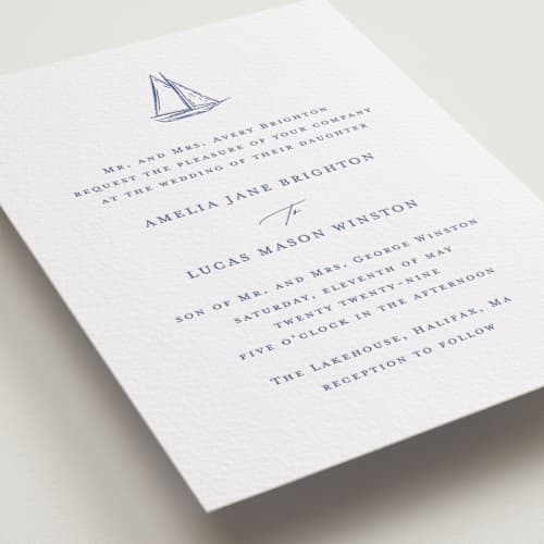 This is a indigo letterpress wedding invitations with letterpress by Jelena Vuletic called mariner printing on white cotton in standard