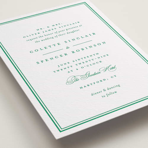 This is a emerald letterpress wedding invitations with letterpress by Olivia Raufman called hartford printing on white cotton in standard