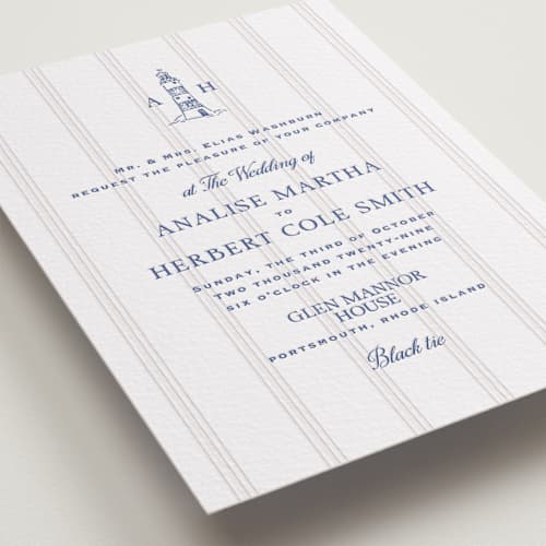 This is a lapis letterpress wedding invitations with letterpress by Tamara Hilje called raies printing on white cotton in standard