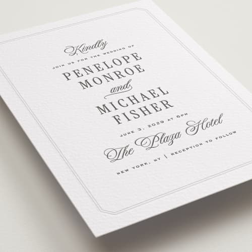 This is a soft black letterpress wedding invitations with letterpress by Leah Bisch called outlined printing on white cotton in standard