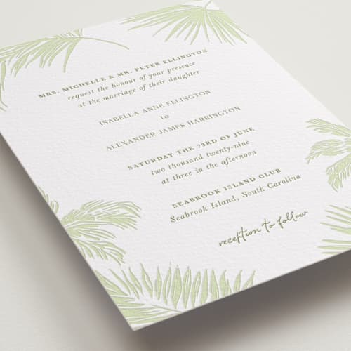 This is a honeydew letterpress wedding invitations with letterpress by Lucrecia Caporale called shoreline elegance printing on white cotton in standard