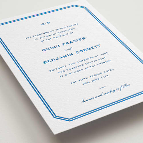 This is a mediterranean letterpress wedding invitations with letterpress by Megan Davis called brasserie printing on white cotton in standard
