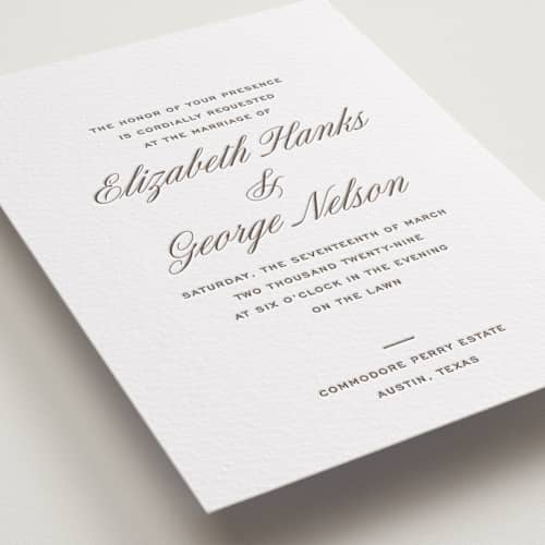 This is a cacao bean letterpress wedding invitations with letterpress by Megan Davis called basque printing on white cotton in standard