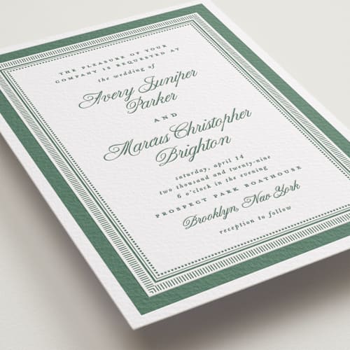 This is a racing green letterpress wedding invitations with letterpress by Kelly Watkins called archer printing on white cotton in standard