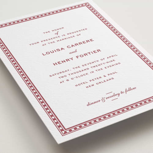This is a ruby letterpress wedding invitations with letterpress by Megan Davis called larkin printing on white cotton in standard
