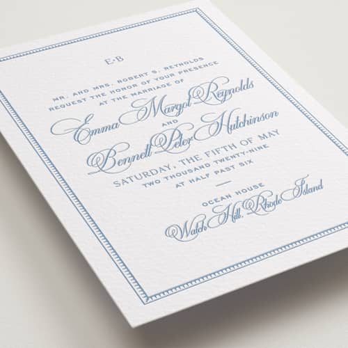 This is a pacific blue letterpress wedding invitations with letterpress by Megan Davis called maison printing on white cotton in standard