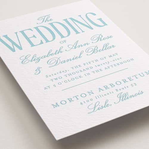 This is a robin's egg letterpress wedding invitations with letterpress by Baumbirdy called big day printing on white cotton in standard
