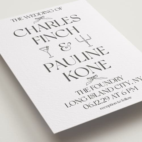This is a soft black | graphite letterpress wedding invitations with letterpress by Julia Liverton called trés chic printing on white cotton in standard
