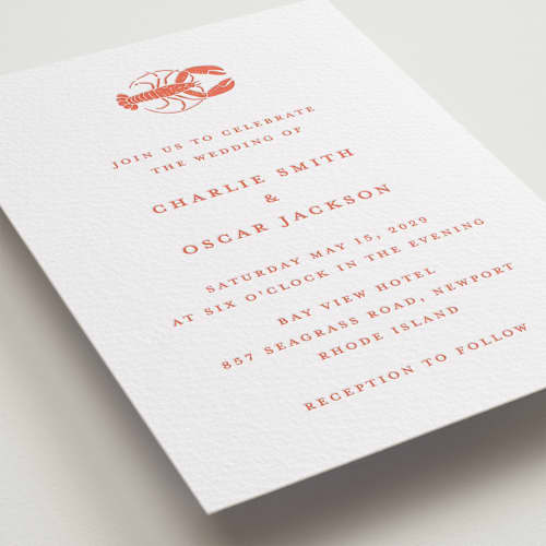 This is a poppy letterpress wedding invitations with letterpress by Pippa Shaw called lobster printing on white cotton in standard