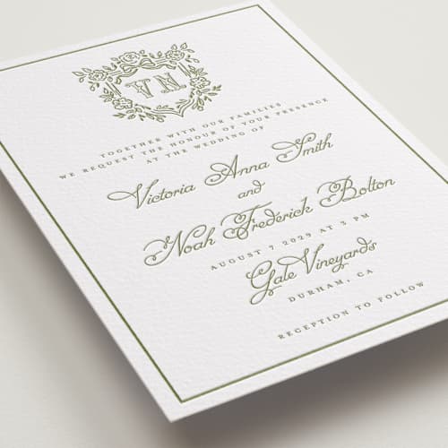 This is a olive letterpress wedding invitations with letterpress by Petra Kern called crestino printing on white cotton in standard