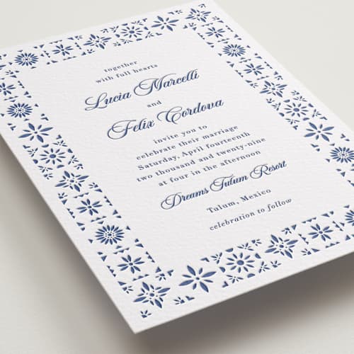 This is a lapis letterpress wedding invitations with letterpress by Olivia Raufman called talavera tiles printing on white cotton in standard