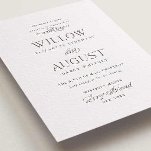 This is a cacao bean letterpress wedding invitations with letterpress by Snow and Ivy called willow printing on white cotton in standard