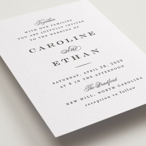 This is a soft black letterpress wedding invitations with letterpress by Carolyn MacLaren called proper printing on white cotton in standard