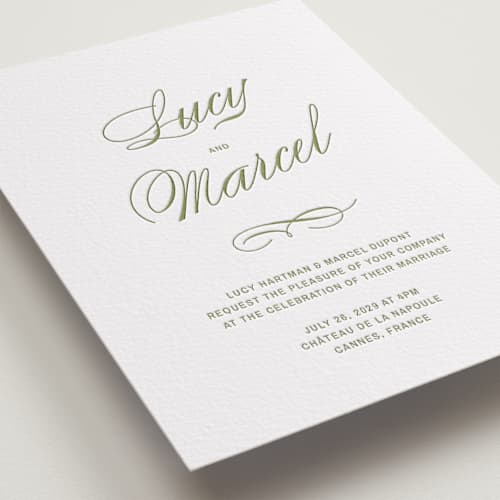 This is a olive letterpress wedding invitations with letterpress by Ani Somi called love in the afternoon printing on white cotton in standard