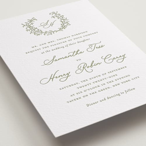 This is a artichoke letterpress wedding invitations with letterpress by Katherine Moynagh called garden script printing on white cotton in standard