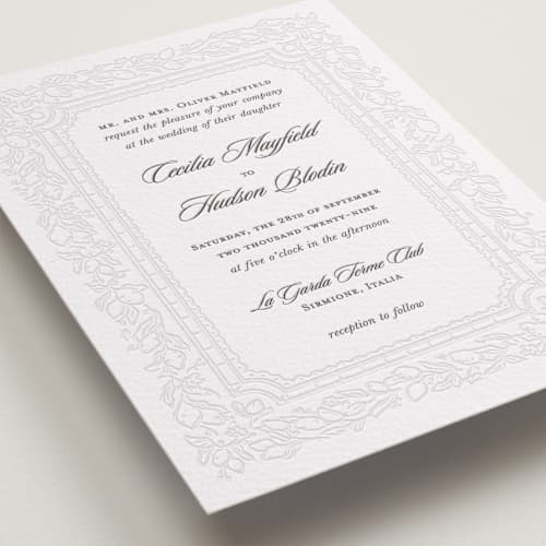 This is a soft black letterpress wedding invitations with letterpress by Pati Cascino called sirmione printing on white cotton in standard