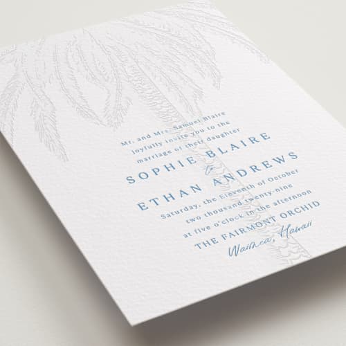 This is a marine blue letterpress wedding invitations with letterpress by Kaydi Bishop called palm tree printing on white cotton in standard