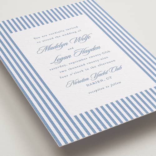 This is a pacific blue letterpress wedding invitations with letterpress by Morgan Kendall called catamaran printing on white cotton in standard