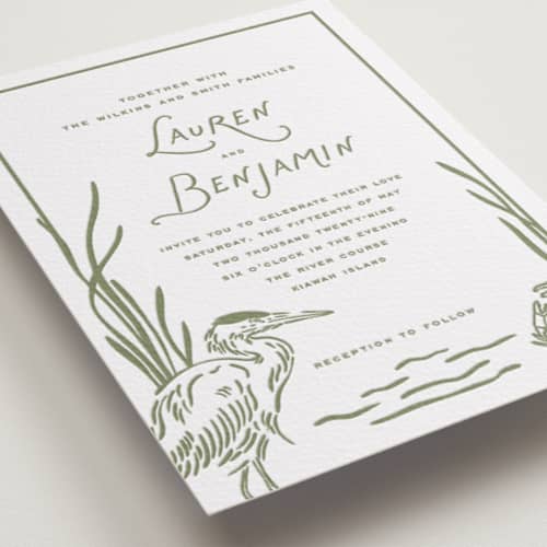 This is a artichoke letterpress wedding invitations with letterpress by Oscar and Emma - Karly Depew called marshland printing on white cotton in standard