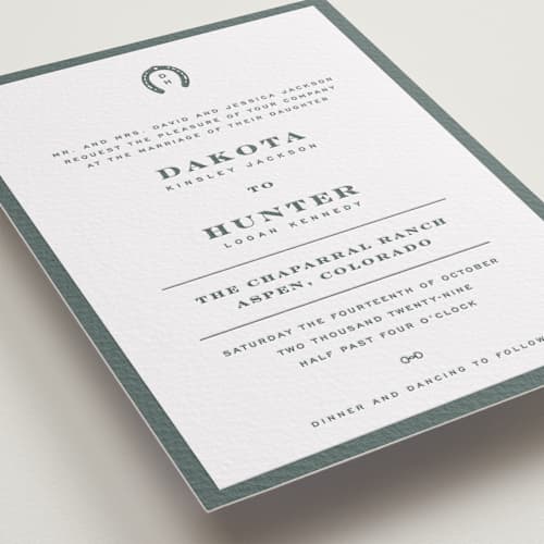 This is a slate letterpress wedding invitations with letterpress by Jenna Holcomb called the ranch printing on white cotton in standard