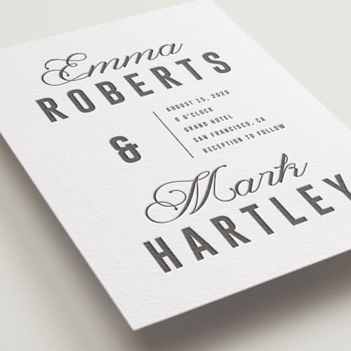 This is a soft black letterpress wedding invitations with letterpress by Sumak Studio called bold & elegant printing on white cotton in standard