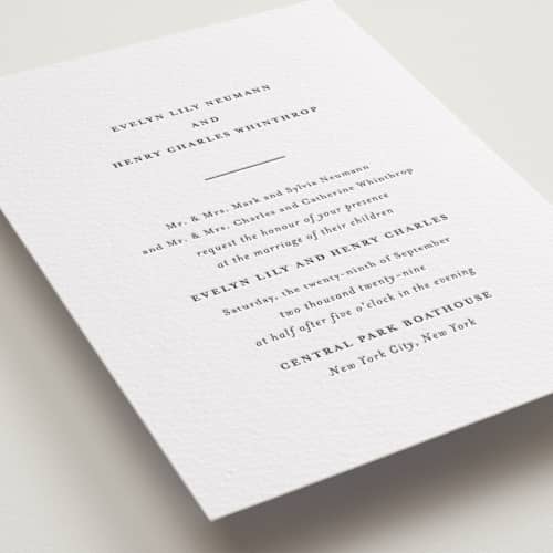This is a soft black | blind deboss letterpress wedding invitations with letterpress by Meggy Masters called bespoke printing on white cotton in standard
