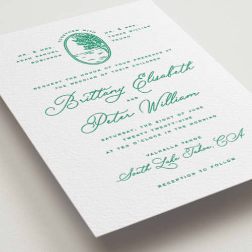 This is a racing green letterpress wedding invitations with letterpress by Claudia Orengo called lakeview printing on white cotton in standard
